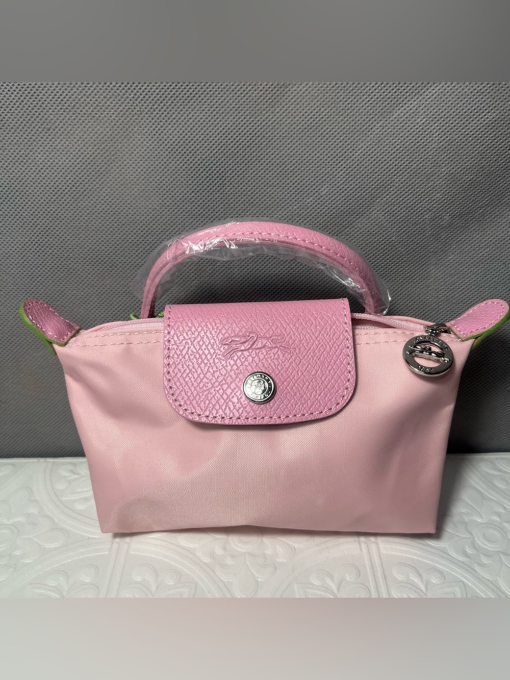 NWT Longchamp LE PLIAGE ORIGINAL POUCH WITH HANDLE Pink Tea Pink Leather Canvas